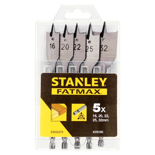 STANLEY STA52275 FATMAX wood drill bit set, 5 pieces, front view on white background.