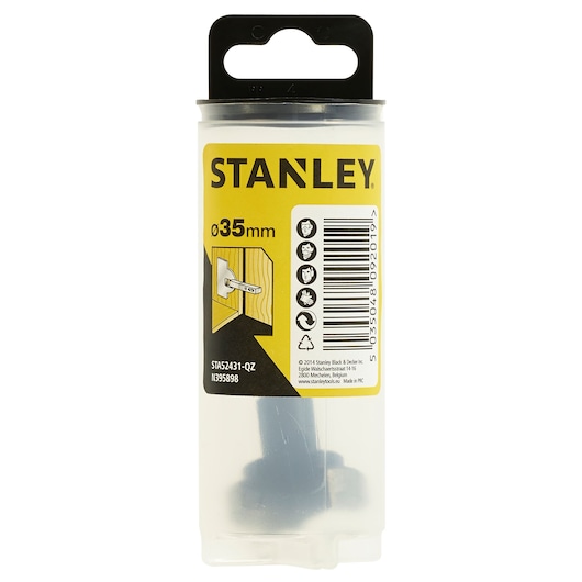 STANLEY STA52431 drill bit in clear plastic packaging, 35mm size, front angle, yellow label.