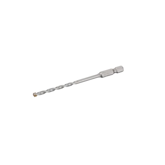 STANLEY STA53008 masonry drill bit with hex shank, silver, photographed on white background, side angle.