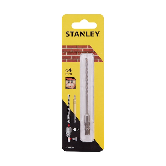 STANLEY STA53008 masonry drill bit 4mm in retail packaging, front view, yellow and black design.