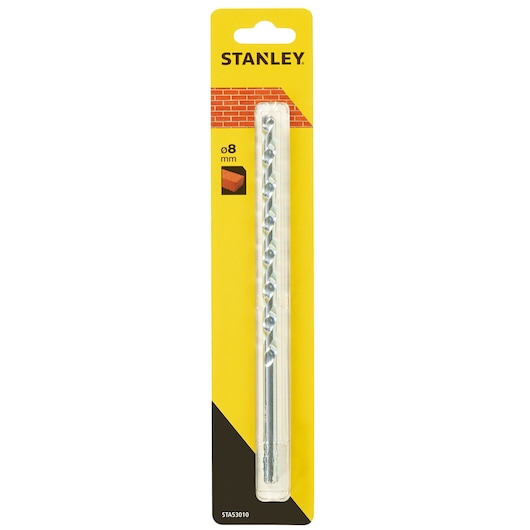 STANLEY STA53010-QZ masonry drill bit 8mm in retail packaging, photographed from the front on a white background.