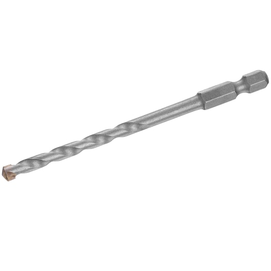 Stanley STA53013 masonry drill bit with hex shank, silver finish, side angle photo on white background.