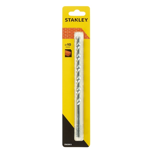 STANLEY STA53015-QZ masonry drill bit, 10mm, silver, in retail packaging, front view.