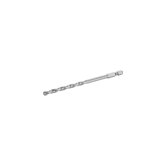 STANLEY STA53018 hex shank drill bit, silver metal, side angle, on white background.