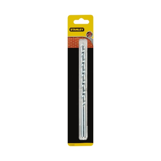 STANLEY STA53020 masonry drill bit in retail packaging, straight-on angle, silver color, brick graphic on card.
