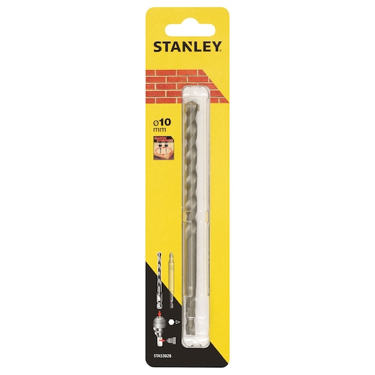 STANLEY STA53028 masonry drill bit 10mm, front view in blister pack with yellow and black branding.