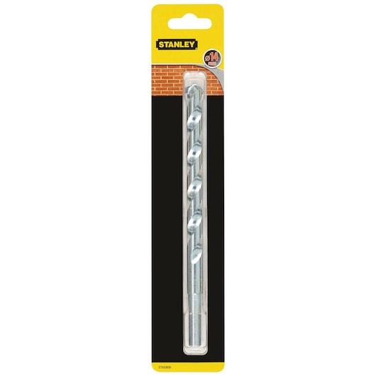 STANLEY STA53030 masonry drill bit in retail packaging, front angle, silver spiral design, 14mm diameter.