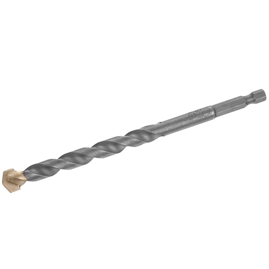 STANLEY STA53033 masonry drill bit, hex shank, silver and gold, side view on white background.