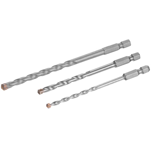 STANLEY STA53053 three-piece masonry drill bit set, silver finish, hex shank, side angle, white background.