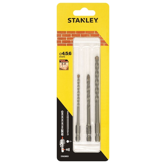 STANLEY STA53053 masonry drill bit set in retail packaging, three bits visible, photo on white background.
