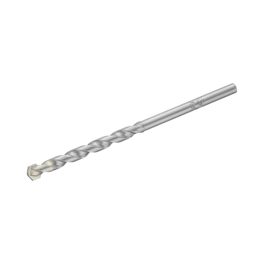 STANLEY STA53090 masonry drill bit, silver, spiral design, side view, photography on white background.