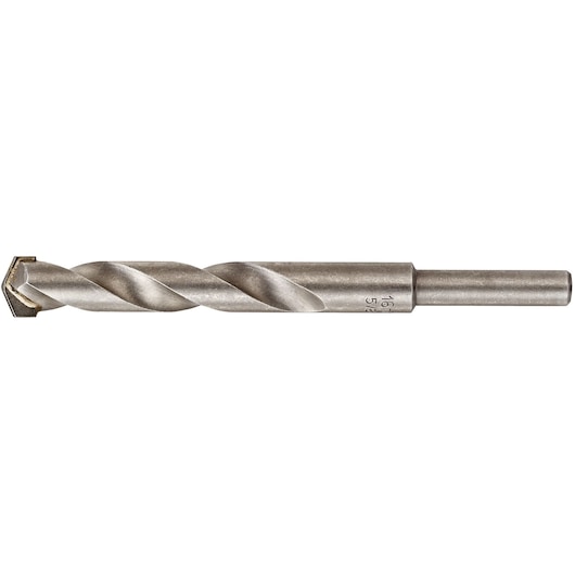 STANLEY STA53140 silver masonry drill bit, side view on white background, twisted flute and carbide tip.