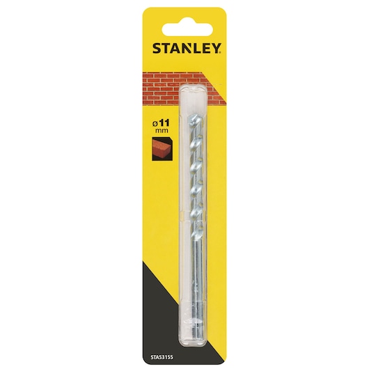 STANLEY STA53155 masonry drill bit, 11mm diameter, silver, front angle, packaged on yellow card.