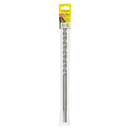 STANLEY STA53195 long masonry drill bit in clear packaging, front angle, with yellow label and details visible.