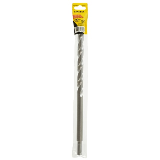 STANLEY STA53200 long masonry drill bit in silver, shown in retail packaging, front angle on white background.