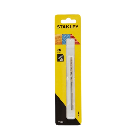 STANLEY STA53202 masonry drill bit, 5 mm, silver color, in retail packaging, front angle photo.