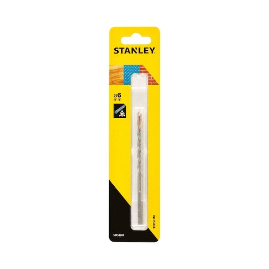 Photo of STANLEY STA53207 masonry drill bit, 6mm, in yellow-black retail packaging, front view.
