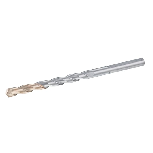 STANLEY STA53212 masonry drill bit, silver and gold color, side angle on white background.
