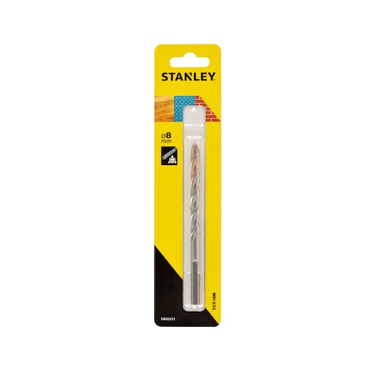 STANLEY STA53212 masonry drill bit, 8mm, silver, in retail blister pack, front angle on white background.