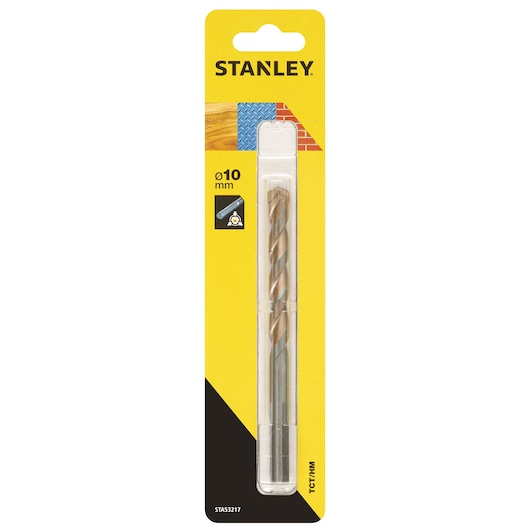 Stanley STA53217 drill bit, 10mm size, in clear plastic packaging, front angle on white background.