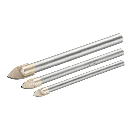 STANLEY STA53312 photography of three silver glass drill bits set, angled view on white background.