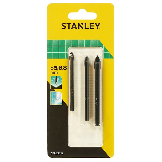 STANLEY STA53312 tile drill bit set, three pieces, sizes 5, 6, 8 mm, retail packaging, front view.