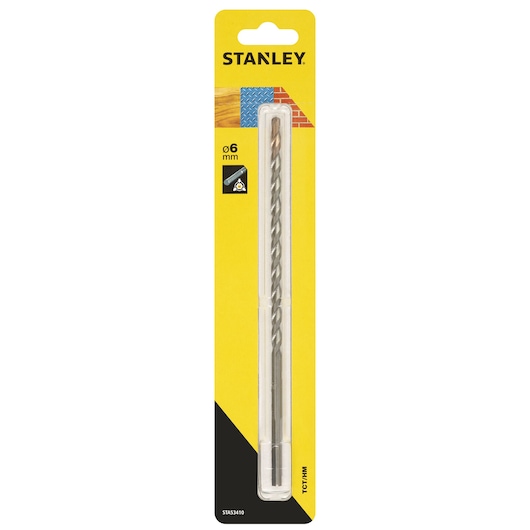 Stanley STA53410 masonry drill bit, 6mm, in yellow retail packaging, front angle.