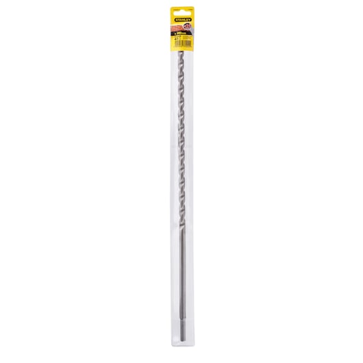 STANLEY STA53425 long silver masonry drill bit in plastic packaging, front angle on white background.