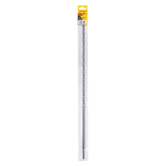 STANLEY STA53430 masonry drill bit photography, front angle, silver, in packaging.