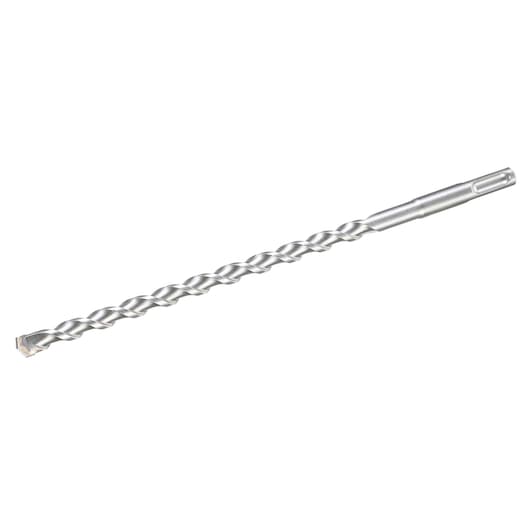 Photo of STANLEY STA54207 SDS-plus hammer drill bit, silver, spiral flute, side angle, on white background.