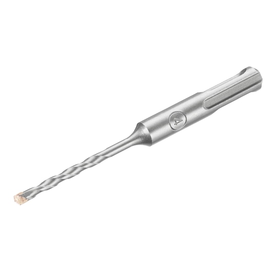 STANLEY STA54237 masonry drill bit, silver, SDS-plus shank, side angle, photography of product.