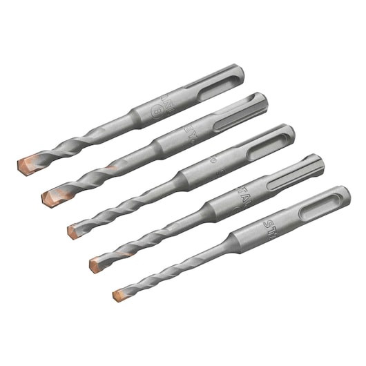 STANLEY STA54372 SDS-plus masonry drill bit set, five silver bits, side angle on white background.