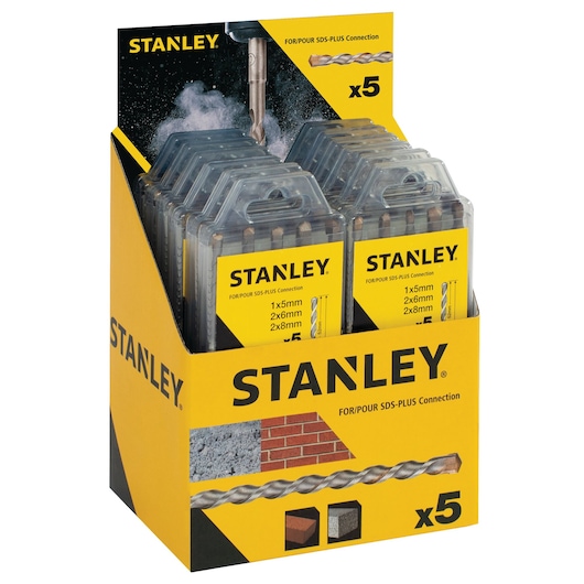 STANLEY STA54372 SDS-Plus drill bit set retail display, yellow packaging, front angle.