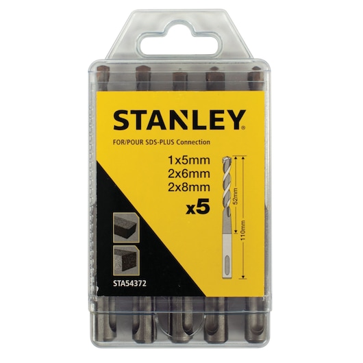 STANLEY STA54372 SDS-Plus drill bit set, 5pcs, assorted sizes, front angle photo with yellow packaging.