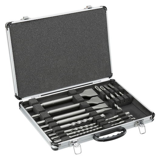 STANLEY STA54422 drill and chisel bit set in a silver carrying case, viewed from above on white background.