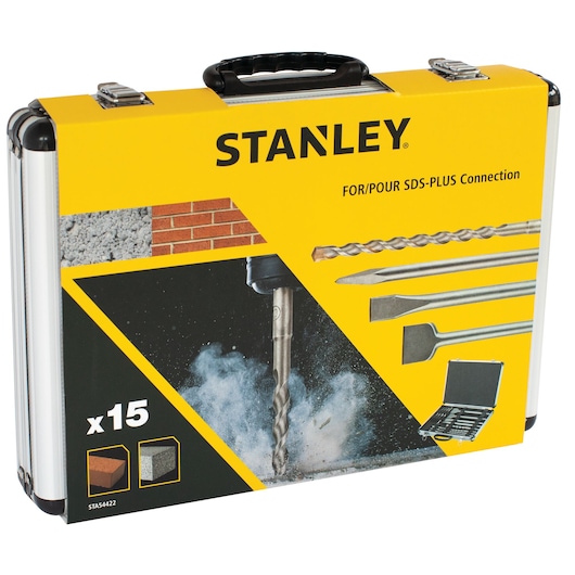 Photo of STANLEY STA54422 SDS-Plus drill bit set, 15 pieces in yellow and silver carrying case, front angle.