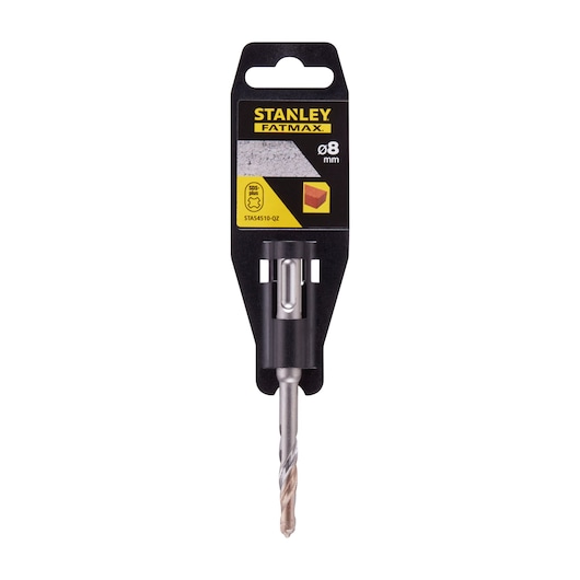 STANLEY STA54510 masonry drill bit 8mm, front angle, in retail packaging with black and yellow label.