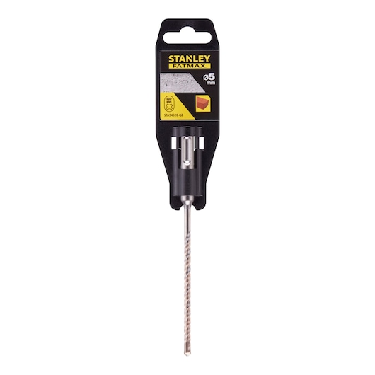 Photo of STANLEY STA54520 masonry drill bit, 5mm, in packaging, front angle, silver spiral design with black holder.