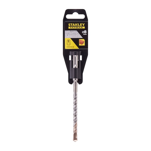 STANLEY STA54526 masonry drill bit 8mm, front angle with packaging on white background.