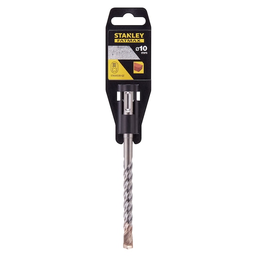 STANLEY STA54530 masonry drill bit photography, front angle, silver spiral design, black packaging.