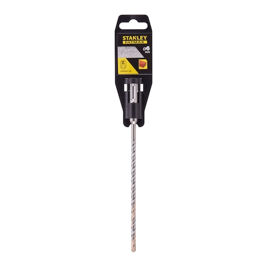 STANLEY STA54551 masonry drill bit, 6mm, straight angle, silver with black packaging, photo on white.