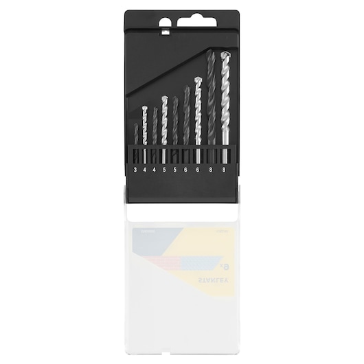 STANLEY STA56000 masonry drill bit set with eight pieces in black plastic case, front angle.