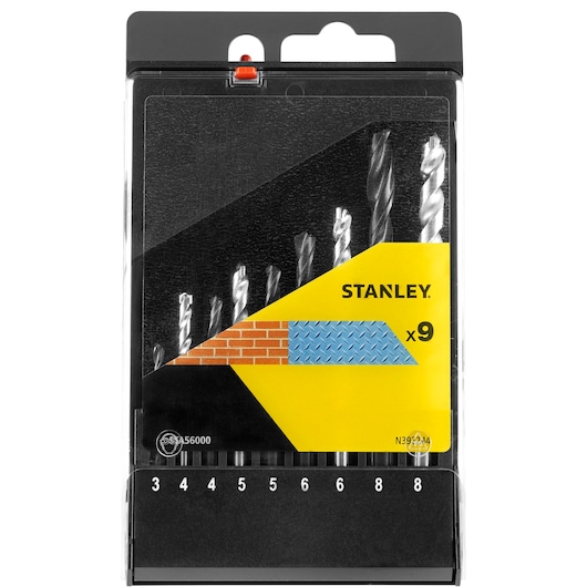 STANLEY STA56000 drill bit set, 9-piece, assorted sizes, in black and yellow plastic case, front view.