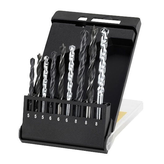 STANLEY STA56005 drill bit set in black case, front angle, with labeled slots for different sizes.
