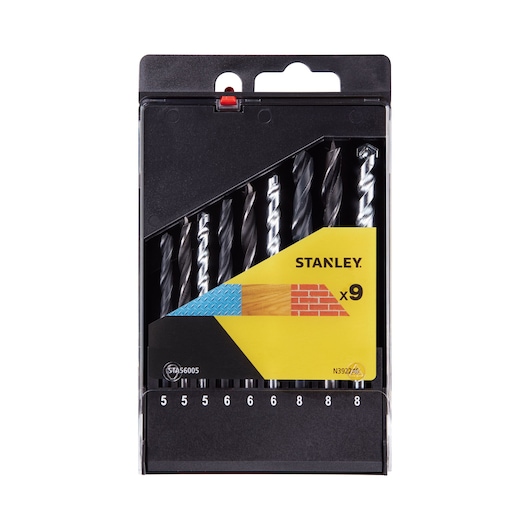 STANLEY STA56005 drill bit set, 9-piece, black case, front view, assorted sizes, photography.
