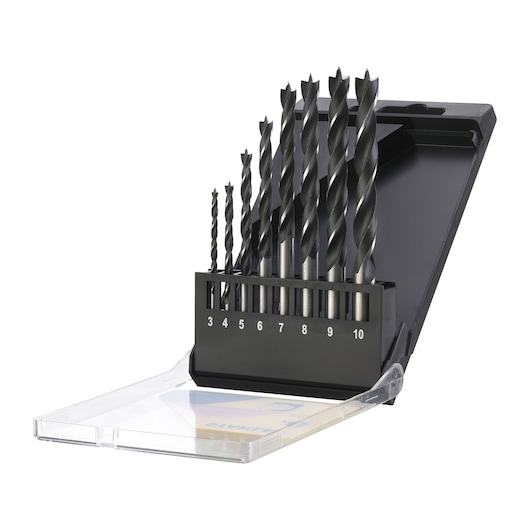 STANLEY STA56006 drill bit set in open black case, showing sizes 3-10, angled view, photography product.