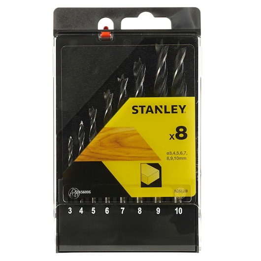 STANLEY STA56006 wood drill bit set, 8 pieces in clear plastic box, front angle.