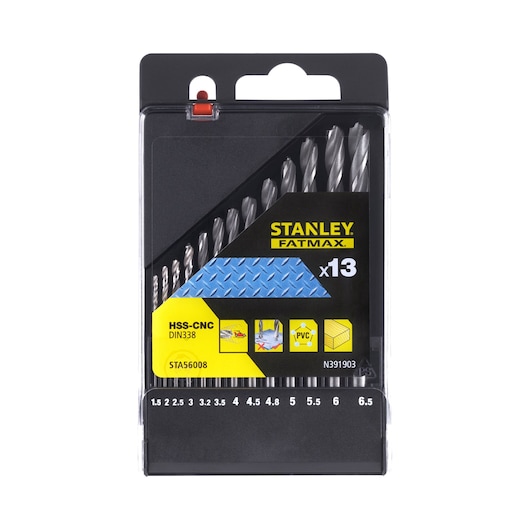 STANLEY STA56008 drill bit set, 13 HSS-CNC bits in black and yellow plastic case, front view on white background.