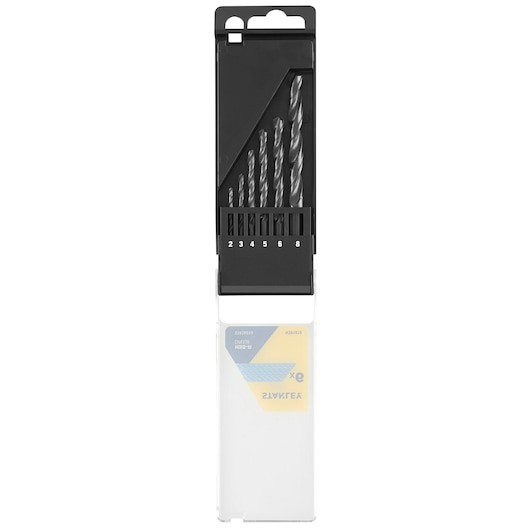 STANLEY STA56010 drill bit set with six metal drill bits in black plastic case, front view on white background.