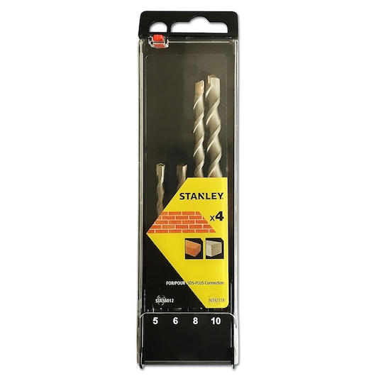 STANLEY STA56012 masonry drill bit set x4, front view, in clear plastic packaging with size indicators.